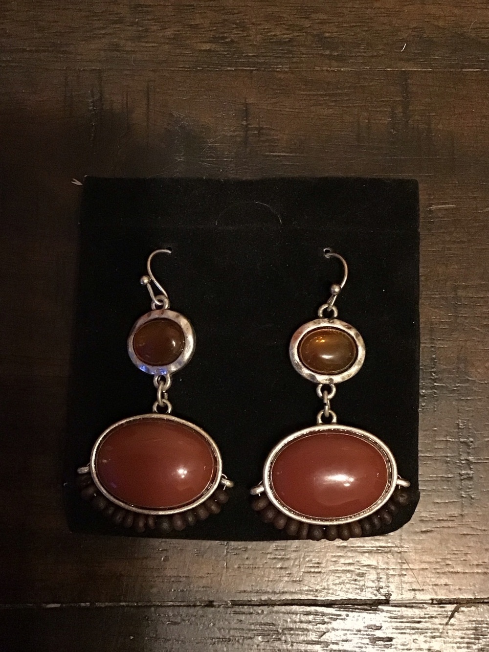 Silver-Tone Brown Stone Drop Earrings - Brown
